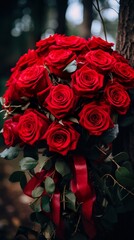 Photo holiday love present on valentines day luxury bouquet of red roses. Generative Ai