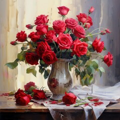 Photo holiday love present on valentines day luxury bouquet of red roses. Generative Ai