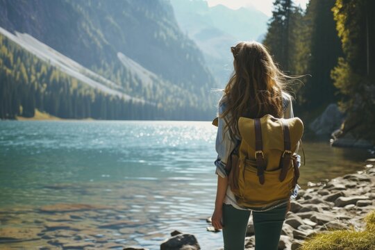 beautiful woman with long Scandinavian hair with backpack on the background of nature and mountains looking at the lake.view from behind