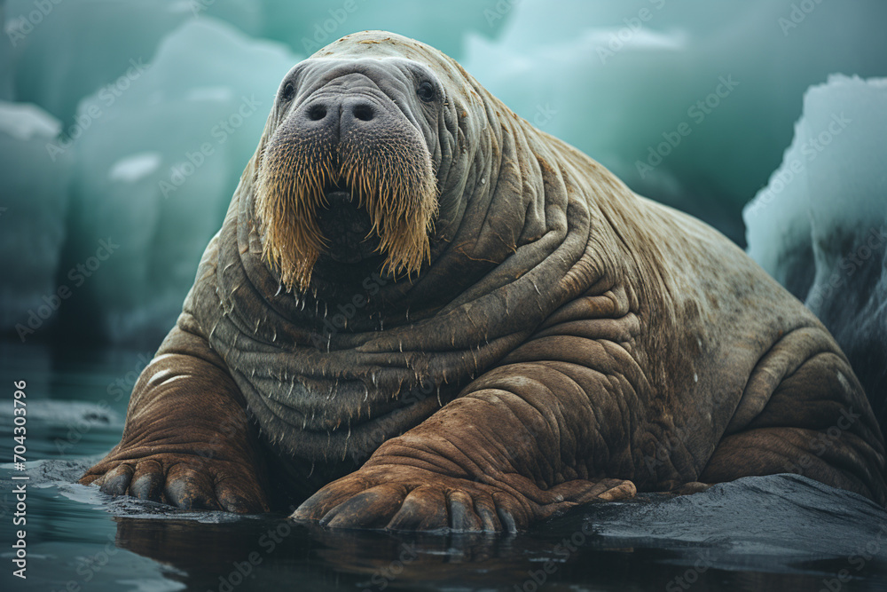 Poster a walrus depicted with rounded, bulky shapes in a cold color palette.