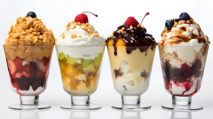 A number of ice cream sundae in glass creamers, with various fillers and flavors.