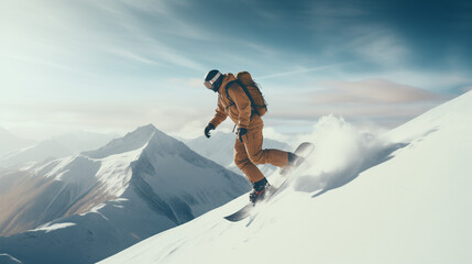 Snowboarder on the top of a mountain - snowboarder going down on the ski slope - obrazy, fototapety, plakaty