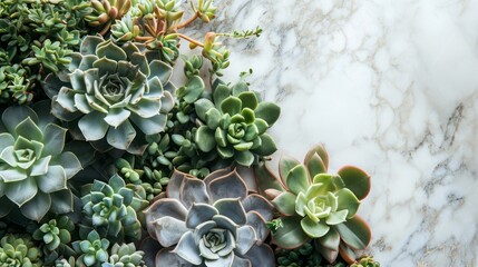 various succulents background and place to copy. top view, flat layout. a plant, a natural backdrop.
