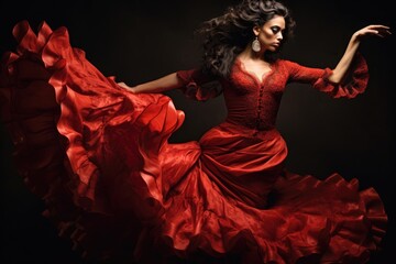 A woman wearing a red dress is gracefully dancing at a lively party, A flamenco dancer in a passionately executed move, AI Generated