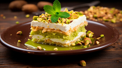 Cake with pistachios on the table. Selective focus. - obrazy, fototapety, plakaty