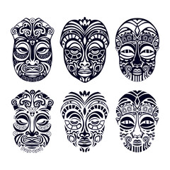 Set of Maori masks on a transparent background