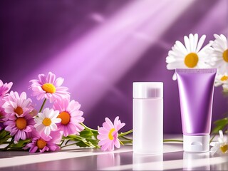 cosmetic cream container tube and a bottle  mockup product photograph in purple color, purple, pink and white daisy background decorations, sunlight beams  in lighting