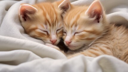 Obraz premium Cute red kittens, close-up portrait. small sleeping pets, feline babies covered with a fluffy blanket.