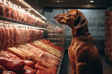 A brown dog looks at a display case with meat in a supermarket. Animal in store