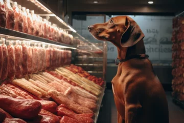  A brown dog looks at a display case with meat in a supermarket. Animal in store © Darya Lavinskaya