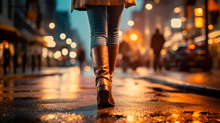 Legs of a woman walking through the city at night. Selective focus.