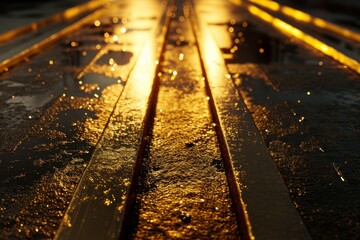 Rainy night in the big city, light from the shop windows reflected on the road on which cars...