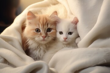 a cat with kittens, sleeping cute little pets wrapped in a warm blanket. a family of animals, feline babies.