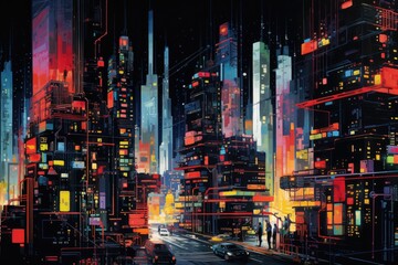 A vibrant urban landscape painting capturing the beauty of a city at nighttime, mesmerizing glow of city lights, A futuristic data-driven metropolis crafted from electric neon hues, AI Generated