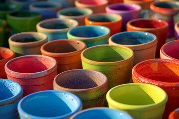 Organizing garden pots, colorful, orderly, sunny. 