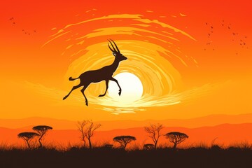 Witness the breathtaking moment as a gazelle gracefully jumps against the stunning backdrop of a vibrant sunset, A gazelle leaping across the grasslands against an orange sunset, AI Generated