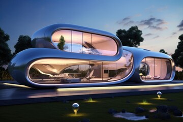 A modern house with a unique curved roof and walls made entirely of glass, A futuristic home with smart home features, AI Generated