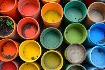 Organizing garden pots, colorful, orderly, sunny. 