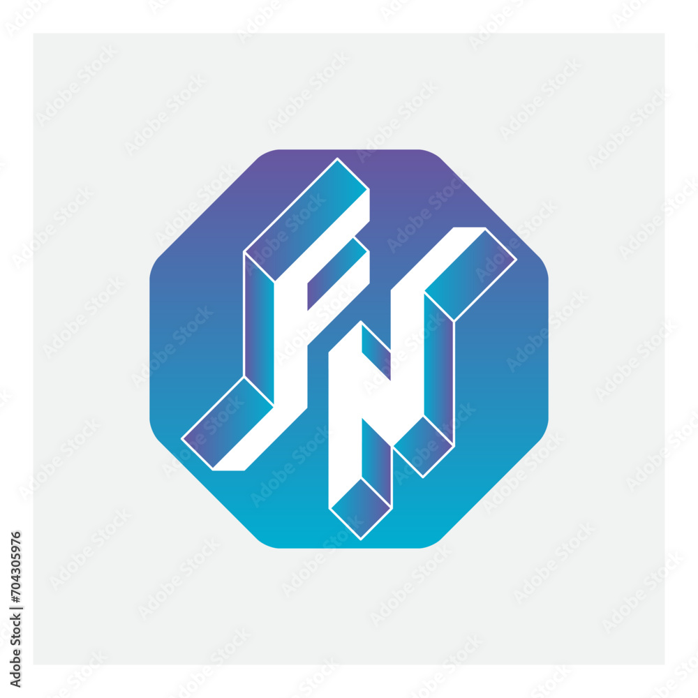 Poster three-dimension letters f and n on a hexagonal substrate. isometric 3d font for design. fn - monogra