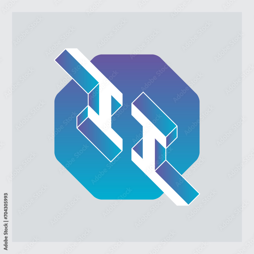 Poster Three-dimension letters I and I on a hexagonal substrate. Isometric 3d font for design. II - monogram or logotype.