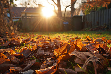 Raking leaves, autumn remnants, garden, outdoor. 