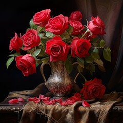 Photo of red roses beautiful bouquet of valentine's day. Generative Ai 