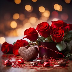 Photo of red roses beautiful bouquet of valentine's day. Generative Ai 