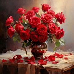 Photo of red roses beautiful bouquet of valentine's day. Generative Ai 