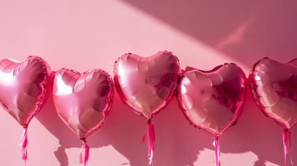 pastel pink heart shaped foil balloons in line on a pastel pink background with copy space for Valentines Day