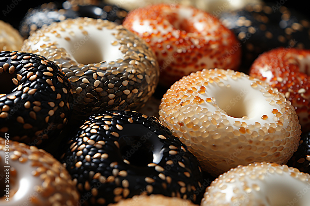 Aufkleber bagel - round abstract form with a variety of seed textures on top.
