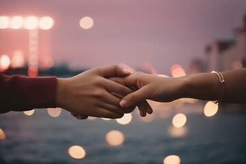 Young love couple pinky promise or pinky swear. Young couple holding hands, AI Generative - obrazy, fototapety, plakaty