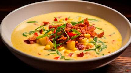cream soup with corn and bacon. Selective focus.