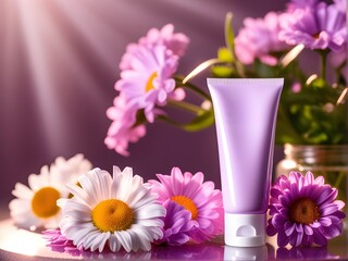 one cosmetic cream container tube mockup product photograph in purple color, purple, pink and white daisy background decorations, sunlight beams  in lighting