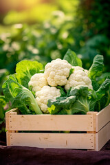 cauliflower in a box in the garden. Selective focus.