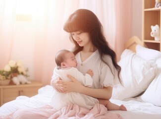 Fototapeta na wymiar Asian mother hugs cute newborn baby, wear clean white clothes