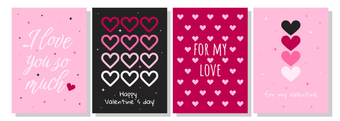 Valentine's Day greeting card set. Hand drawn trendy cartoon heart, love lettering. Vector illustration