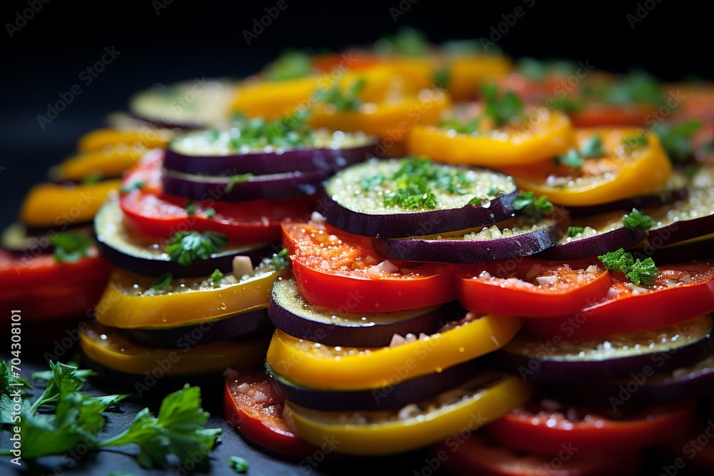 Poster ratatouille - layered abstract slices of colorful vegetables.