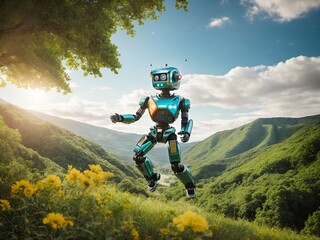 a cheerful robot joyfully jumping in the air amid nature