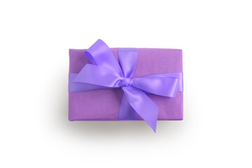 Top view of violet rectangular present box with ribbon isolated on white background