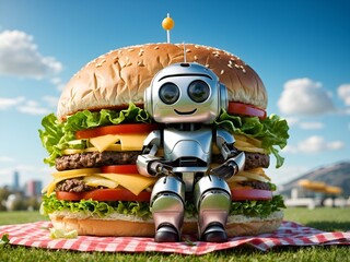 a charming robot sitting on top of a giant sandwich burger