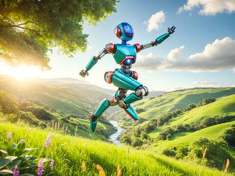 a cheerful robot joyfully jumping in the air amid nature
