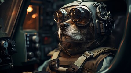 A dog wearing a helmet sits in the cockpit of an airplane - obrazy, fototapety, plakaty