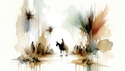 Palm sunday. Christ's triumphal entry into Jerusalem. Silhouette of a man riding a donkey on a background of the city. Watercolor illustration. - obrazy, fototapety, plakaty