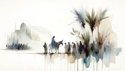 Palm sunday. Christ's triumphal entry into Jerusalem. Silhouette of a man riding a donkey on a background of palm trees. Watercolor illustration.