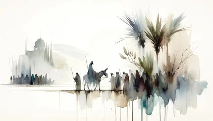 Zelfklevend Fotobehang Palm sunday. Christ's triumphal entry into Jerusalem. Silhouette of a man riding a donkey on a background of palm trees. Watercolor illustration. © Faith Stock