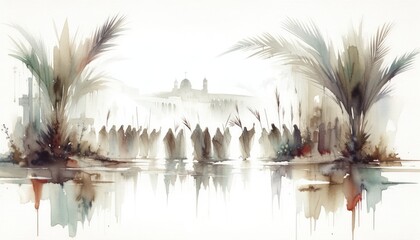 Palm sunday. Christ's triumphal entry into Jerusalem. Silhouette of a crowd of people on the background of palm trees and ancient city. - obrazy, fototapety, plakaty
