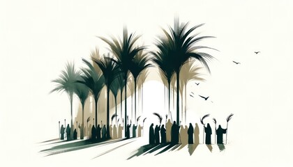 Palm sunday. Christ's triumphal entry into Jerusalem. Silhouette of a crowd of people on the background of palm trees.