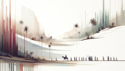 Palm sunday. Christ's triumphal entry into Jerusalem. Silhouette of a man riding a donkey on a...