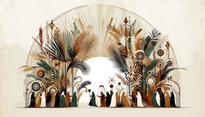 Palm sunday. Christ's triumphal entry into Jerusalem. Ethnic retro vintage illustration. - obrazy, fototapety, plakaty
