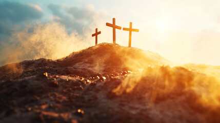 Three crosses on top of the mountain in the sunlight. Christian symbols.  - obrazy, fototapety, plakaty